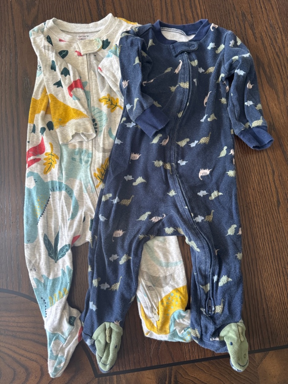 Carter's Navy Blue and Heathered Cream Baby Footed One-Pieces - Dino Prints